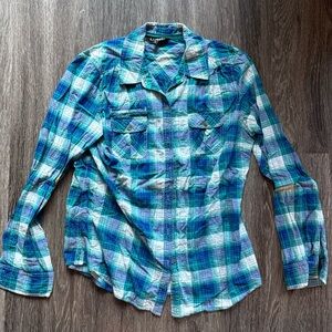 Express | Blue, Green, and White Plaid Button-Down Women's Shirt